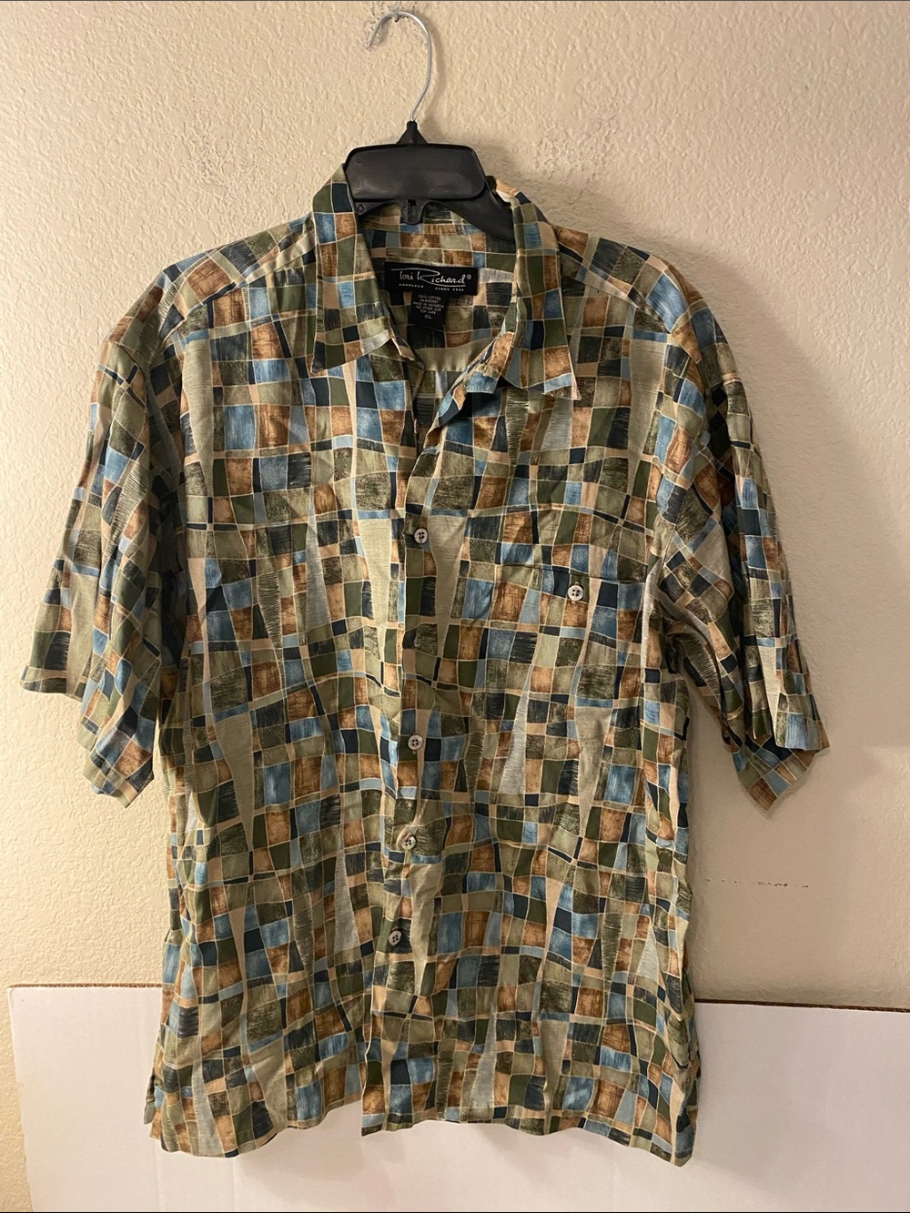 Tori Richard Mosaic Tile Print Short Sleeve Shirt in Green, Blue, Brown